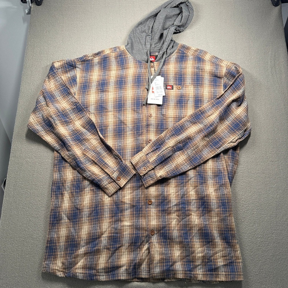 Quiksilver Hooded Flannel Shirt Men 2XLT Khaki Blue Plaid Hoodie QSFLNHD02KL